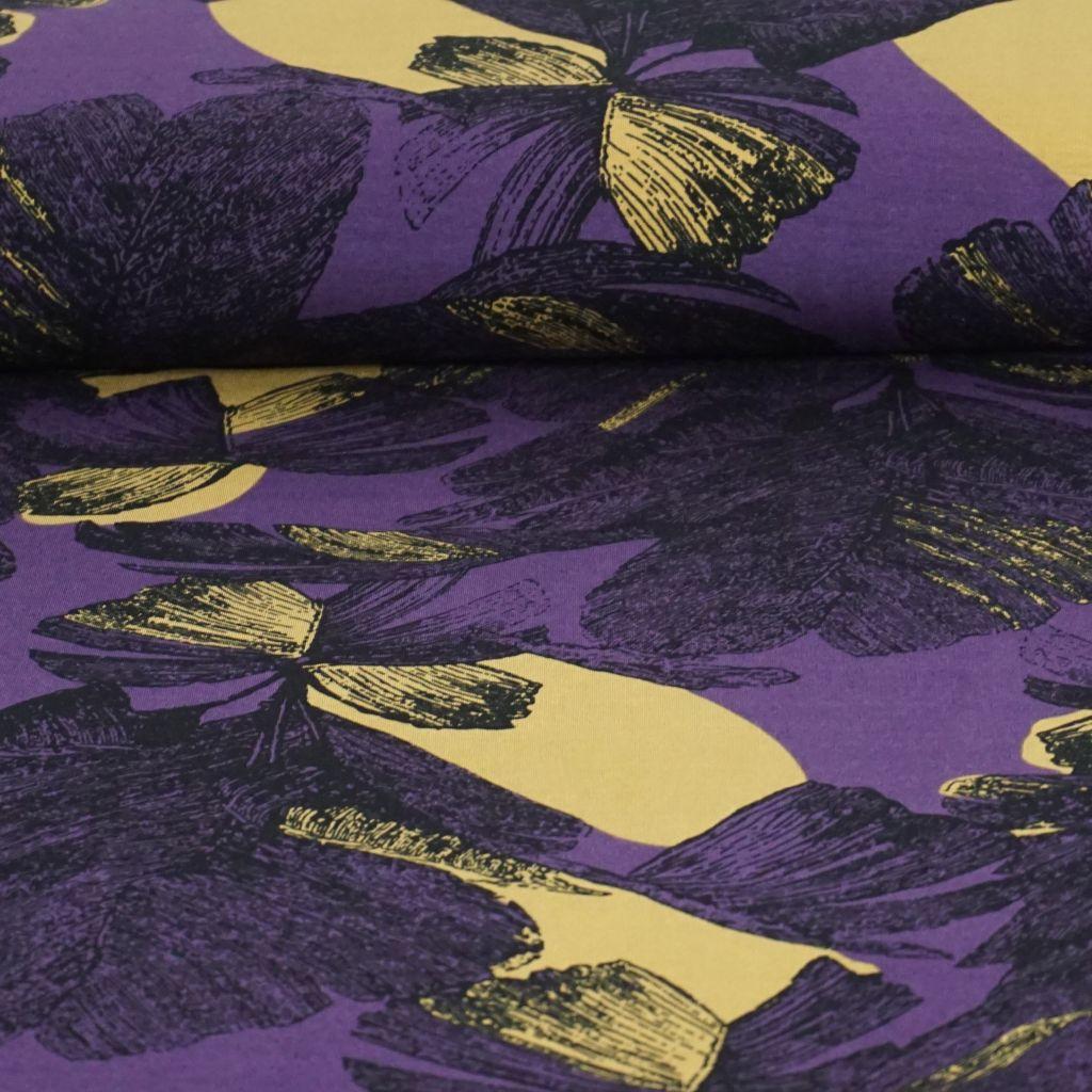 Romanitjersey abstrakte Blüten aubergine grüngelb schwarz